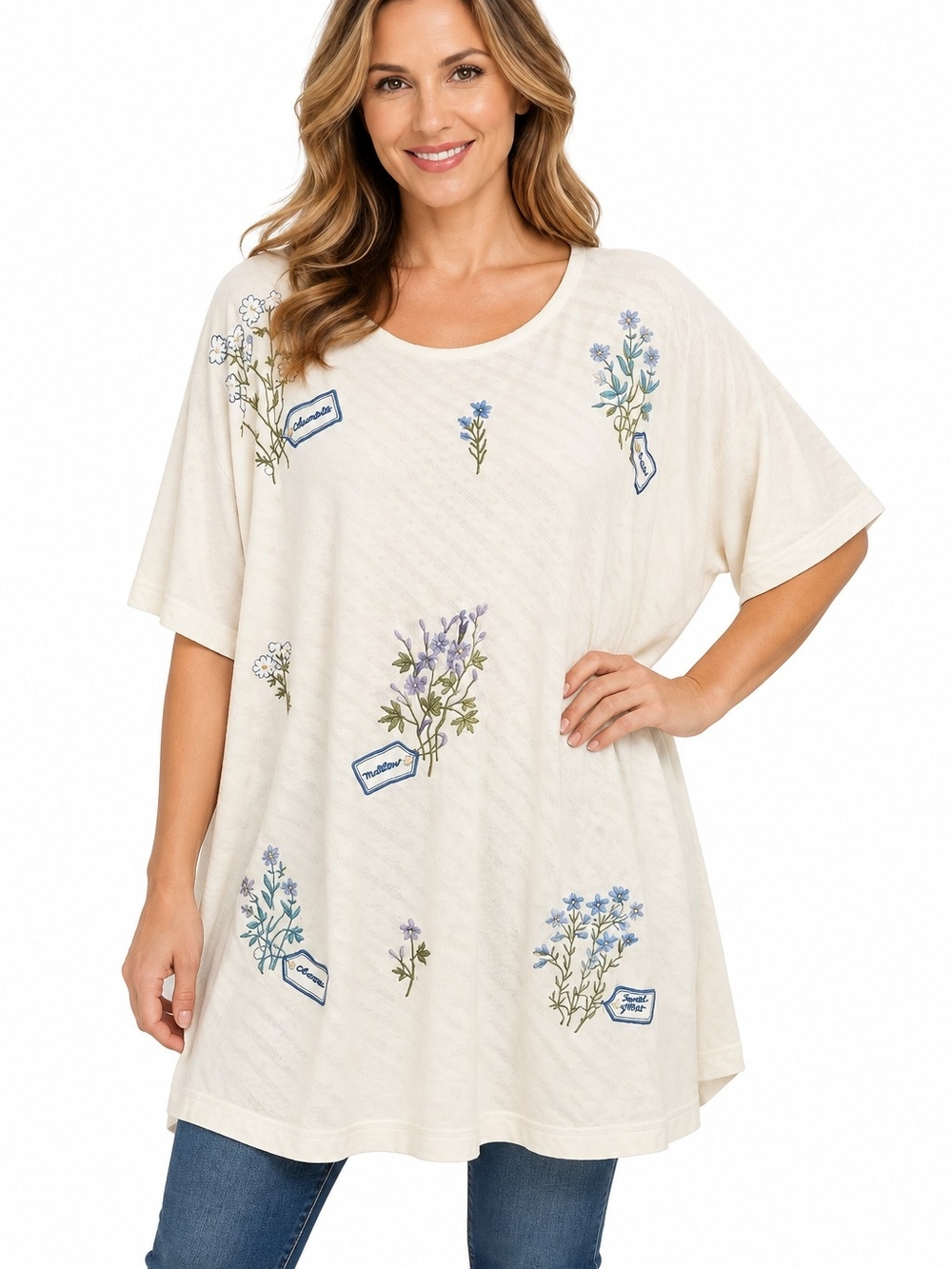 Alfred Dunner Cream Short-Sleeve Tunic with Blue & Green Floral Embroidery 2X